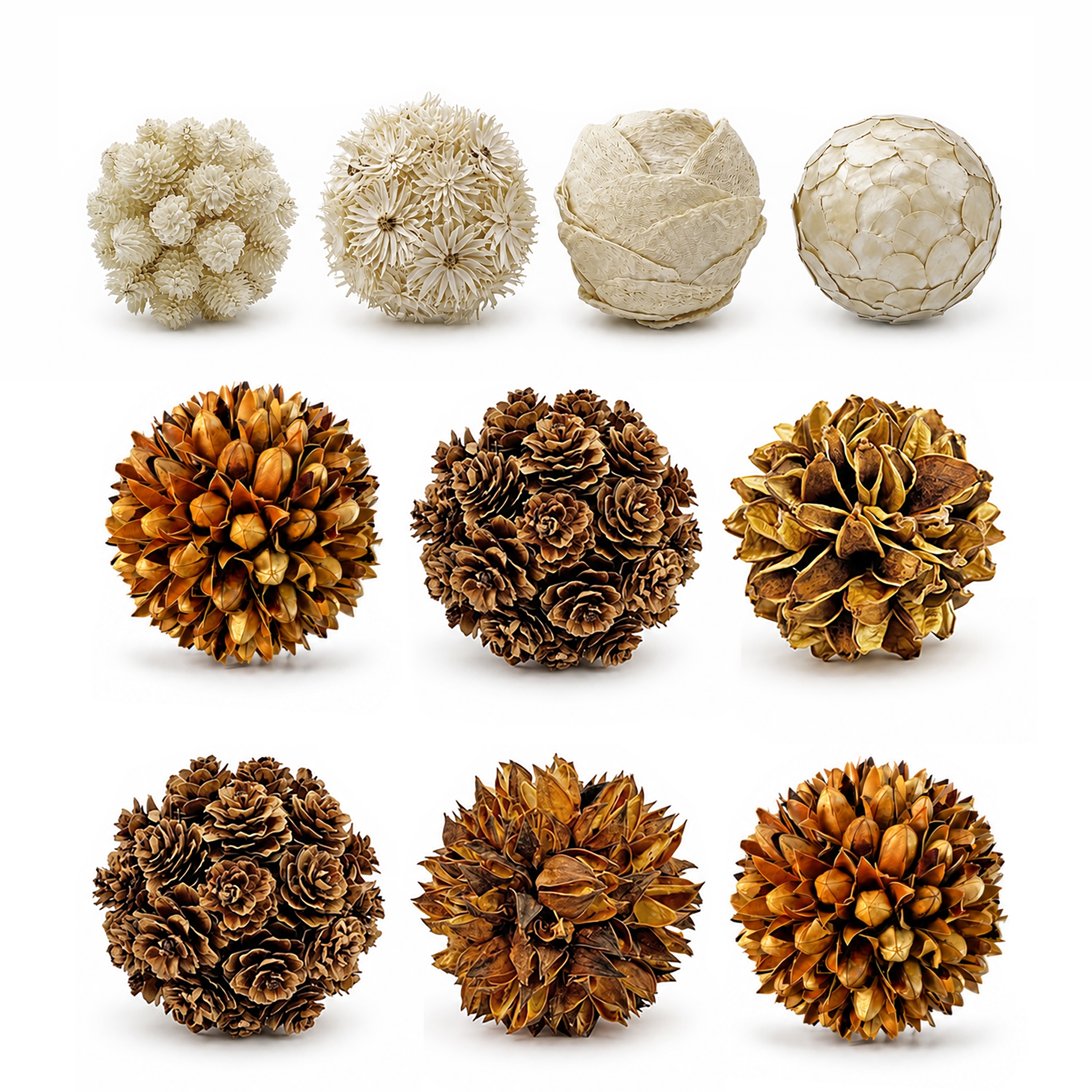 Handmade Preserved Topiary Balls – Decorative Floral & Botanical Orbs in White and Brown – Bowl Filler Set of 10