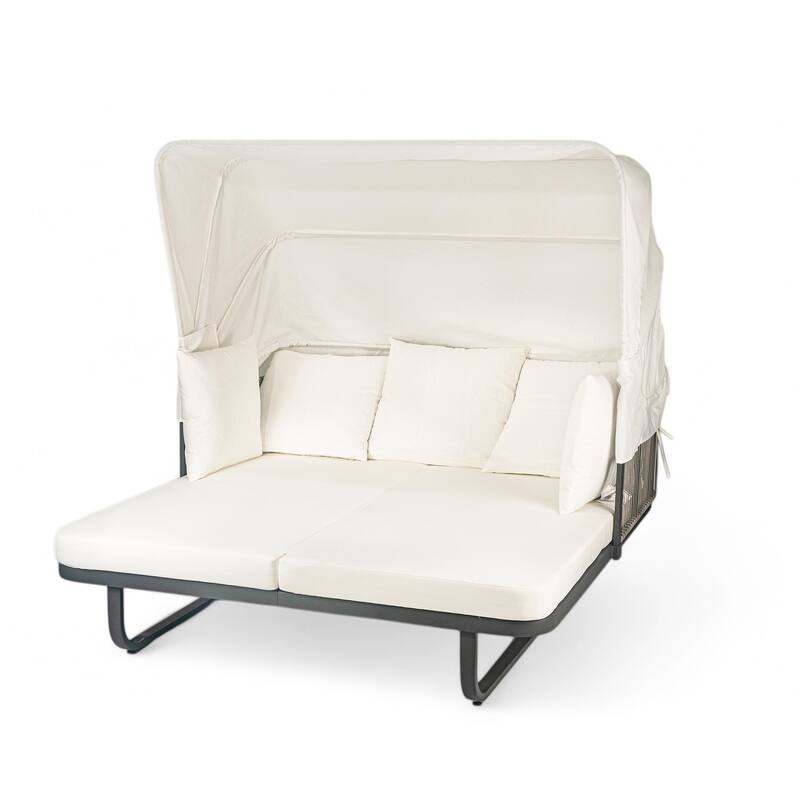 57" Outdoor Patio Rattan Daybed Sunbed with Retractable Canopy and Pillows
