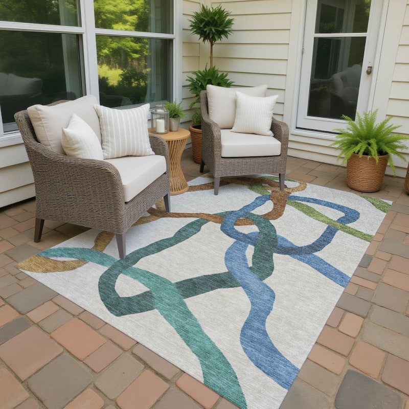 Machine Washable Indoor/ Outdoor Abstract Links Chantille Rug - Beige - 10' x 14'