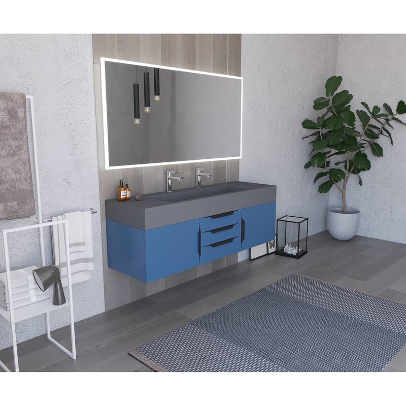 Nile 60" Wall Mounted Bathroom Vanity Set with Gray Solid Surface Top