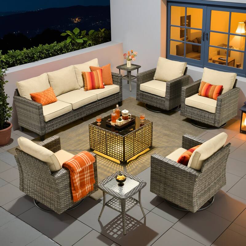 OVIOS 8 Pieces Outdoor Swivel Chair Set with Solar-Powered Table