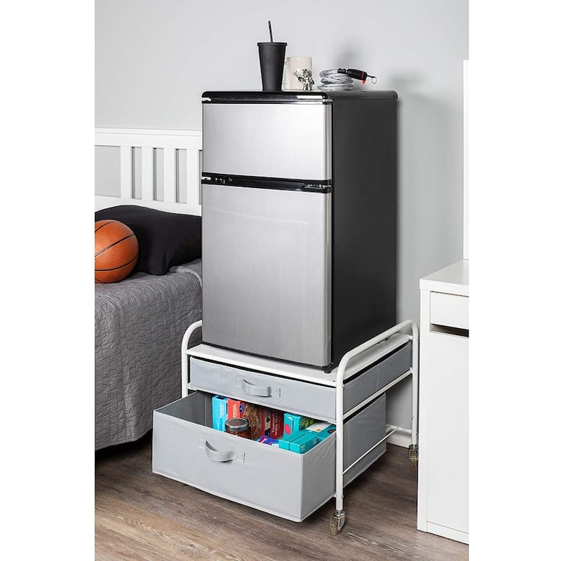 Fridge Stand Supreme - White Frame with Light Gray Drawers - 23.2"W x 22"D x 21.3"H