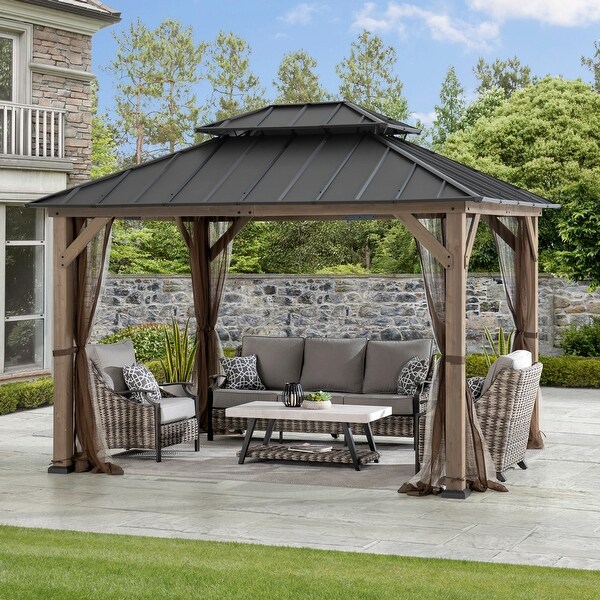 Sunjoy 10x12 Cedar Wood Gazebo with Galvanized Steel Roof, LED