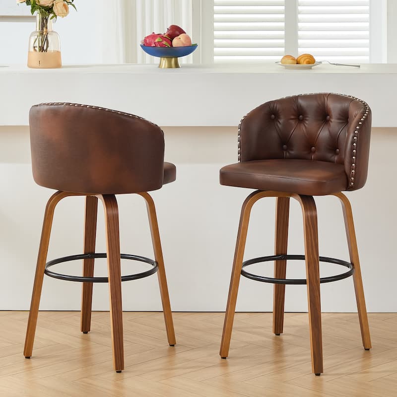 25.5"/28"Faux Leather Upholstered Wood Frame Swivel Counter or Bar Height Bar Stool, Set of 2/4 - Set of 2 - Walnut Brown - Counter Height