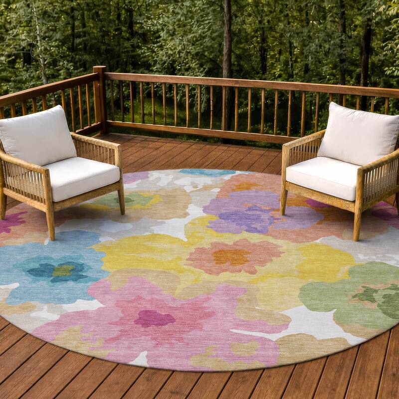 Machine Washable Indoor/ Outdoor Floral Bonnet Chantille Rug - Ivory - 8' x 8'