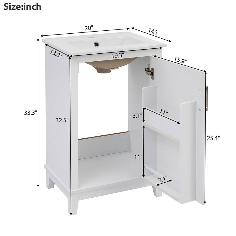 20 Inch Modern Small Bathroom Vanity Cabinet With Ceramic Basin,Ample Storage,1 Soft Close Doo
