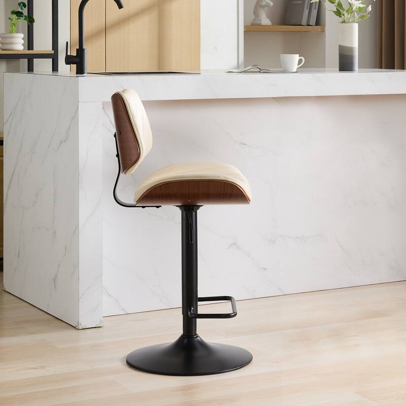 Mid-Century Modern Swivel Bar Stool - Walnut Finish & Faux Leather, Adjustable Counter Height