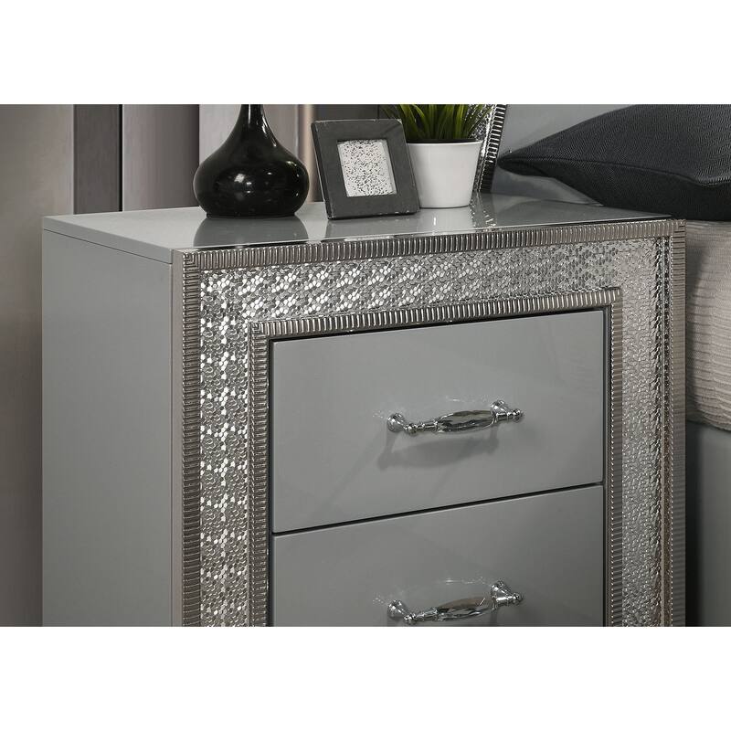 Glam Metallic Gray 4-Pc Bedroom Furniture Set with Backlit LED on Headboard and Mirror