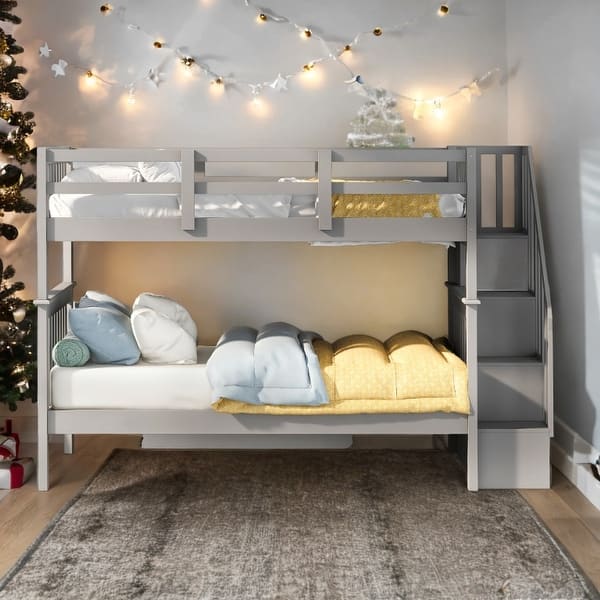 slide 2 of 40, Stairway Design Full-over-Full Bunk Bed with Storage and Guard Rail for Bedroom,Dorm Gray
