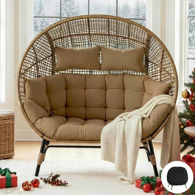 FINCATI 2-Person Indoor/Outdoor Wicker Egg Chair Loveseat, 57.1-in Wide, 6.5-in Cushion, 680-lb Capacity - Brown w/ Cover