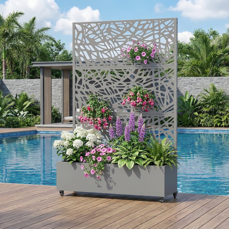 Metal Galvanized Planter Box with Trellis Privacy Screen Lockable Wheels - Grey-Rectangle - 72"x47"