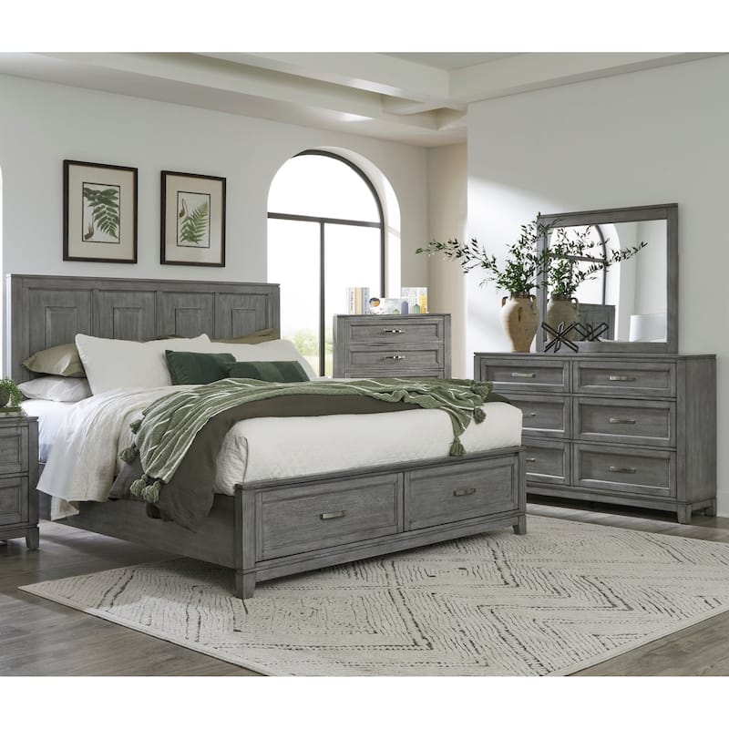 4pc Bedroom Set Platform Bed Dresser Mirror Chest Storage Gray Finish Furniture - Eastern King