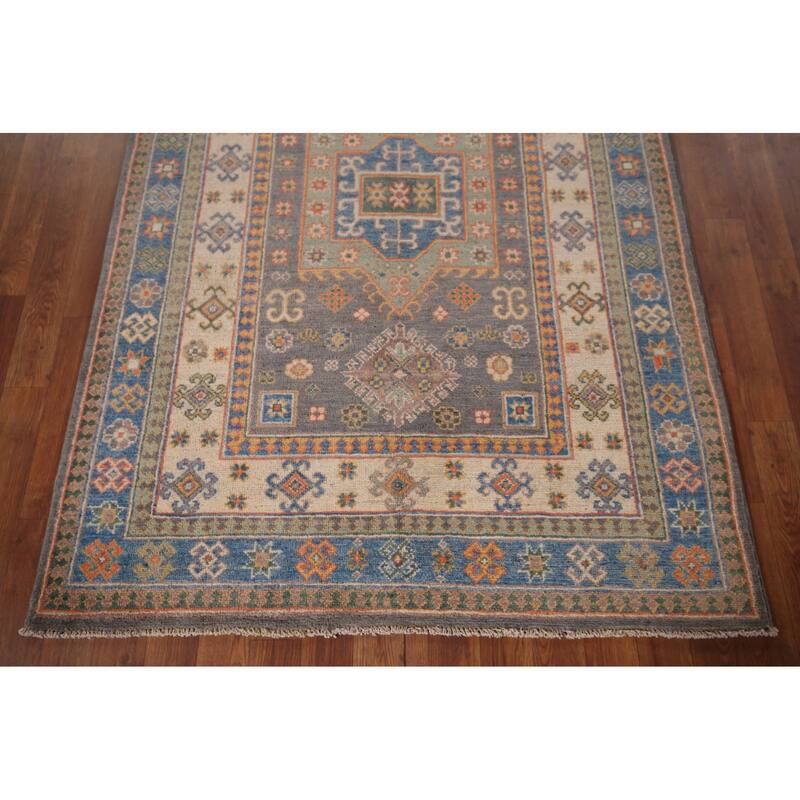 Geometric Kazak Accent Rug Hand-Knotted Wool Carpet - 3'11" x 5'9"