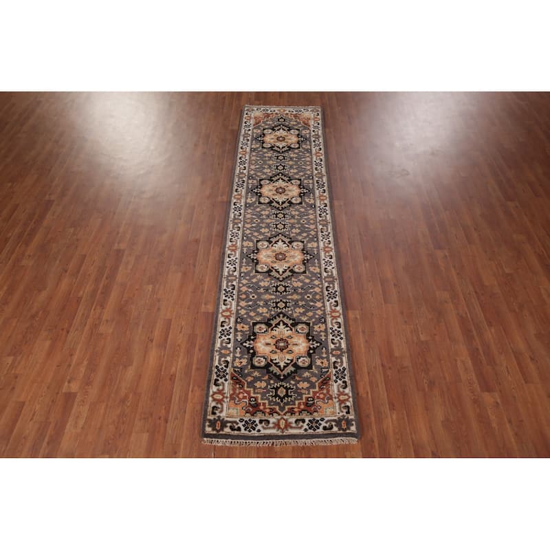 Gray Geometric Kazak Indian Runner Rug Handmade Wool Carpet - 2'7"x 10'3"
