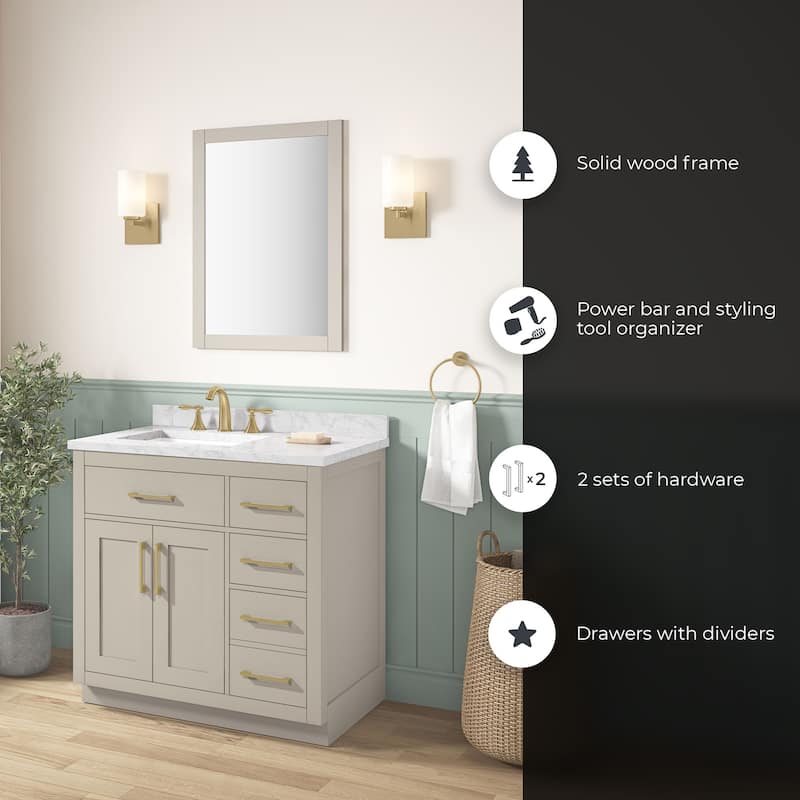 Athea Bathroom Vanity with White Engineered Marble Top - 36" - Greige with Brushed Gold Hardware