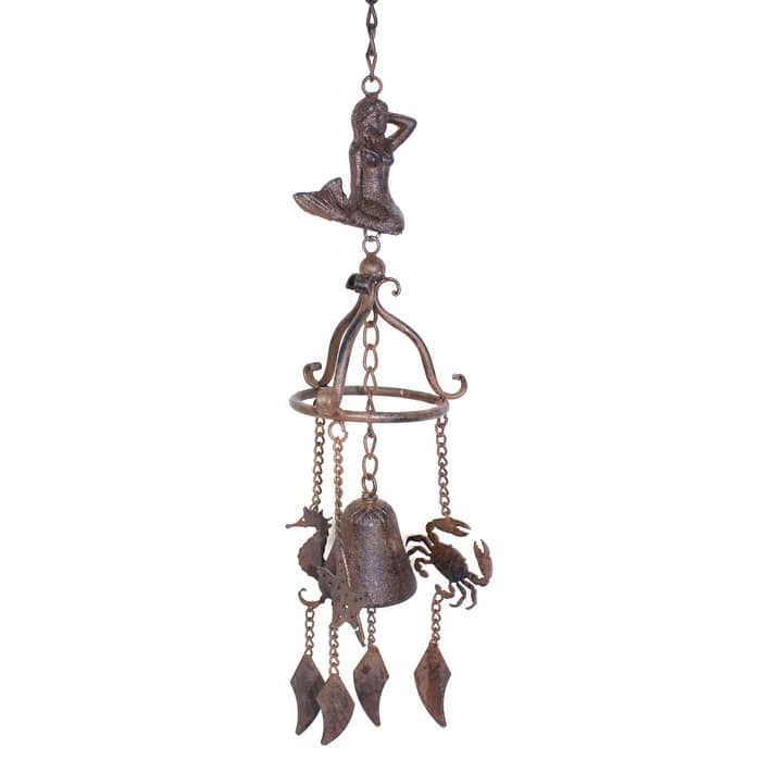 Mermaid Crab Seahorse Bell Wind Chimes Antiqued Finish - Brown