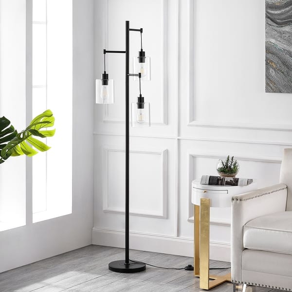 GetLedel 69" Industrial 3-Light Tree Floor Lamp with Glass Shades - Black