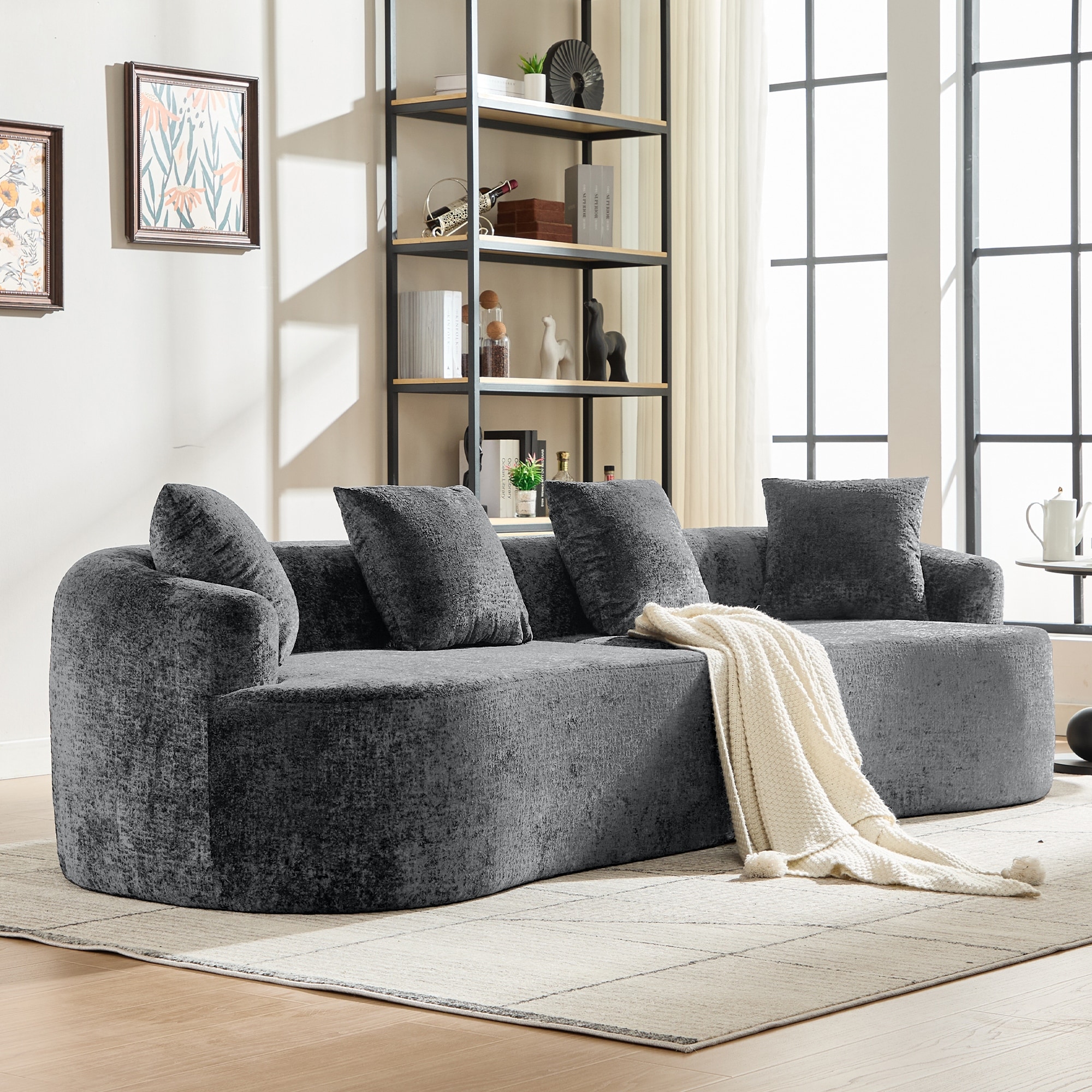 Curved Loveseat With Three Pillows And Deep Seat Design