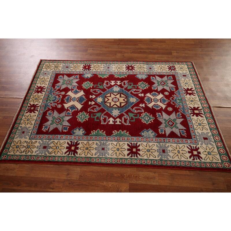Red Kazak Oriental Rug Hand-Knotted Wool Carpet - 4'0" x 5'8"