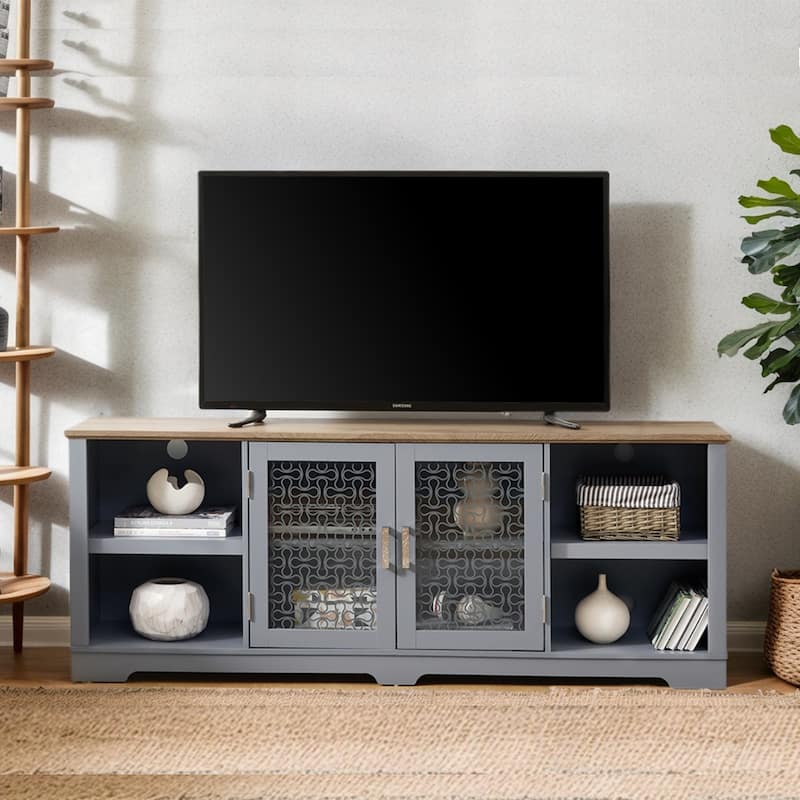 70"W Farmhouse TV Stand, Entertainment Center w/Shelves & Glass Door - 70''W*15.55''D*26.93''H - Blue-Grey