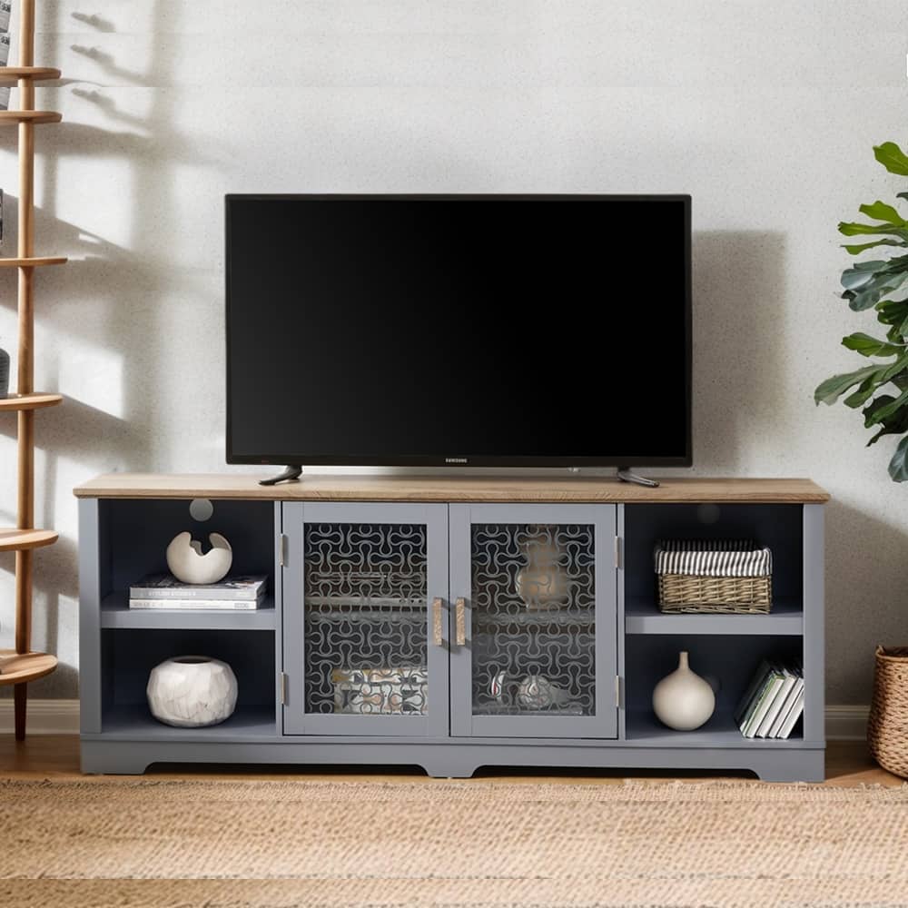 70"W Farmhouse TV Stand, Entertainment Center w/Shelves & Glass Door - 70''W*15.55''D*26.93''H