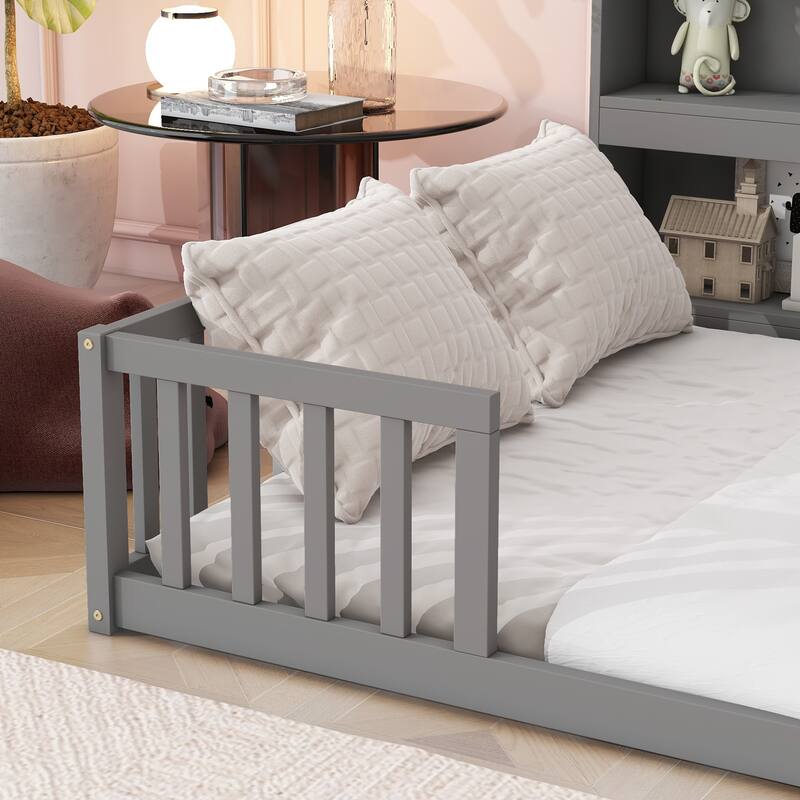 Grey Full Floor Bed with Built-in Bookcase, Shelves and Safety Guardrails