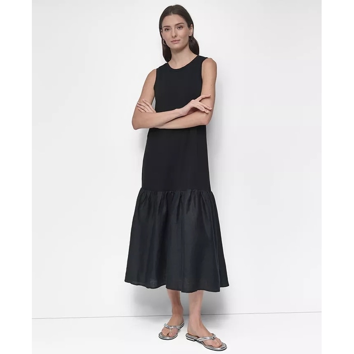 knit bodice dress with tiered midi skirt DKNY Mixed Media - Black green wrap maxi dress