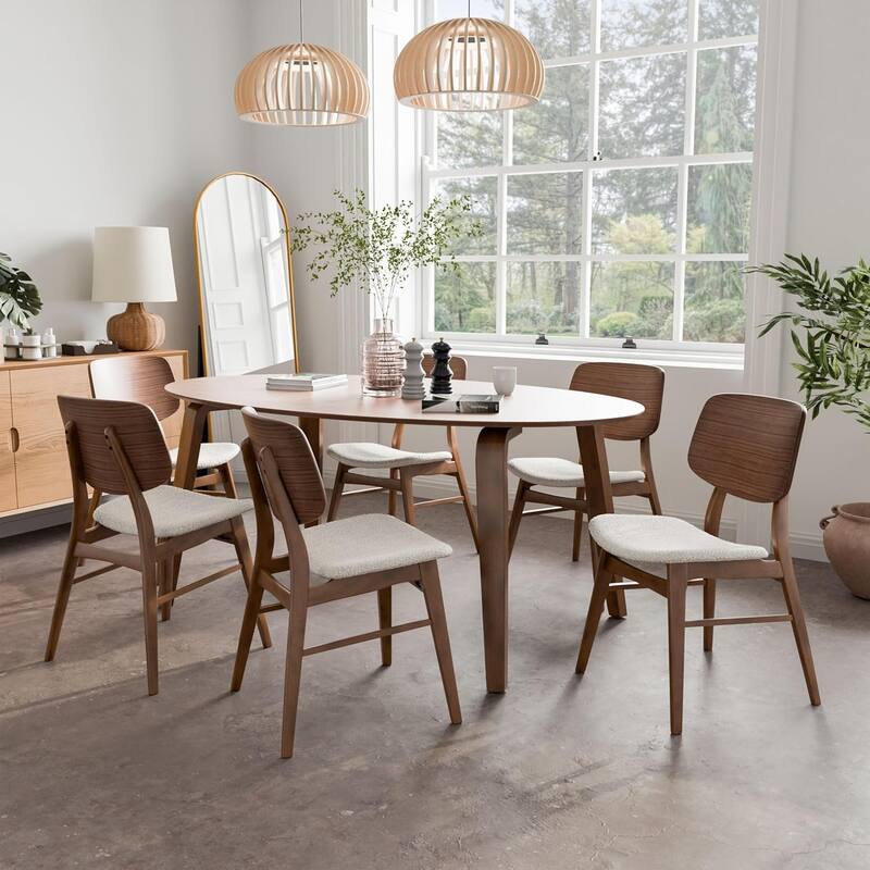 7 Piece Oval Wooden Dining Set in Walnut and Beige