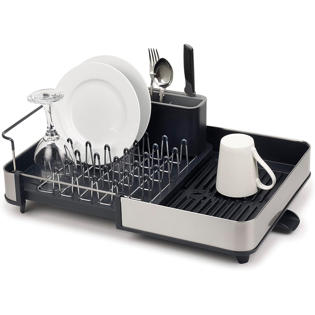 Extendable Stainless Steel Dish Rack with Cutlery Drainer On