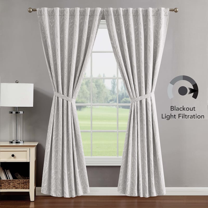 Creative Home Ideas Collins Blackout Window Curtain, Room Darkening, Thermal Insulated, Branch, Back Tab, 2 Panels, 2 Tiebacks