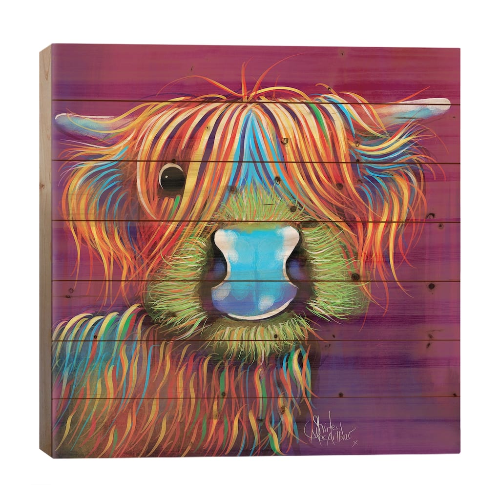 Stanley The Tartan Coo Print On Wood by Shirley Macarthur - Multi-Color