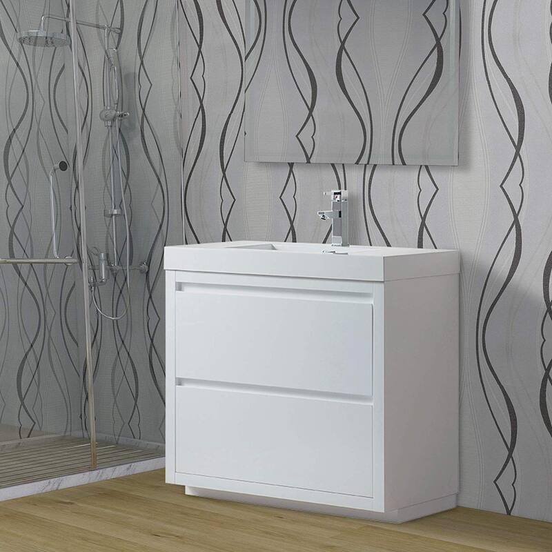 Vanity Art 36-Inch Single Sink Floor-Standing Wall Mounted Bathroom Vanity Set White Stone Top Glossy Finish