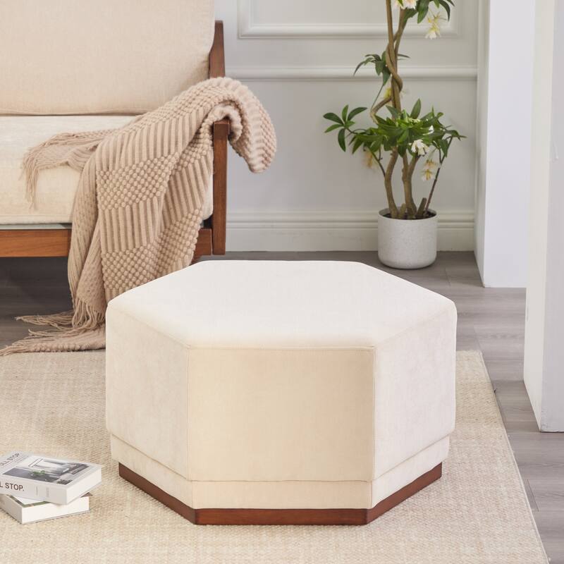 Christopher Knight Home - Nova Hexa Modern Upholstered Ottoman/ Foot Stool with Wooden Base - Beige,Walnut