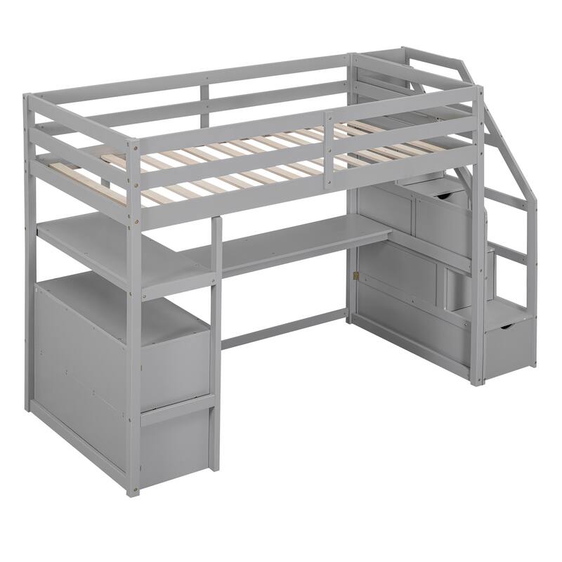 Twin Storage Loft Bed with All-in-One Desk and Shelves, Loft Bed Frame with 2 Built-in Drawers, Storage Staircase - Grey