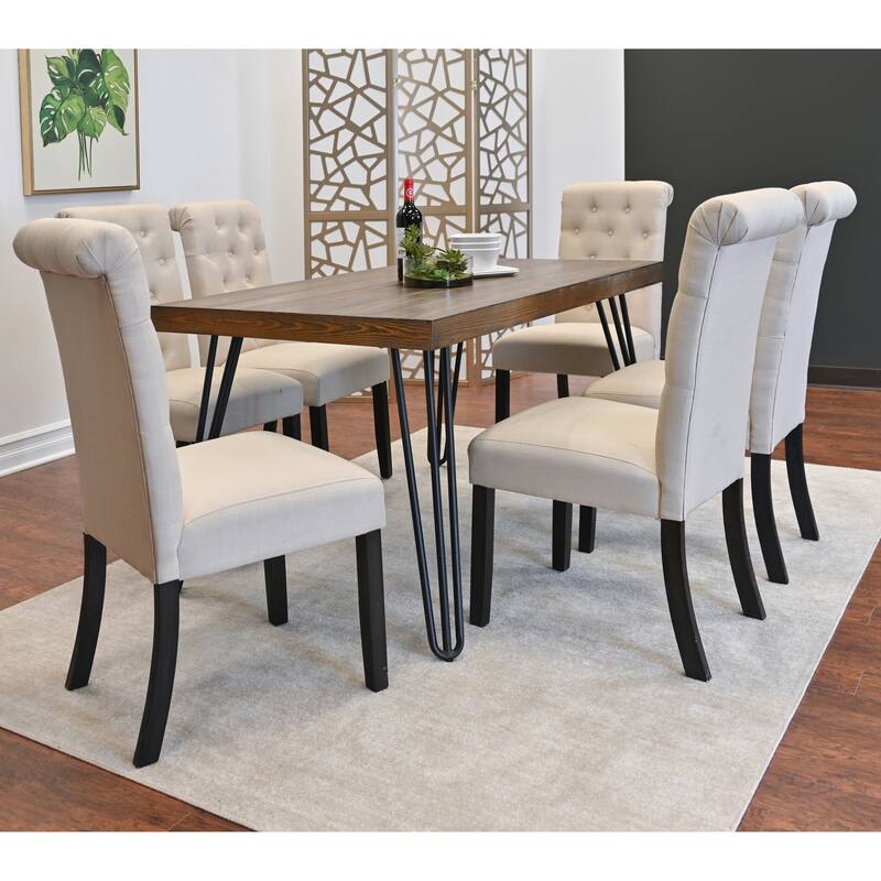 7 Piece Dining Table Set for 6, Kitchen Metal Table Cushion Chairs Set with 6 High Back Button-Tufted Chairs, for Apartment