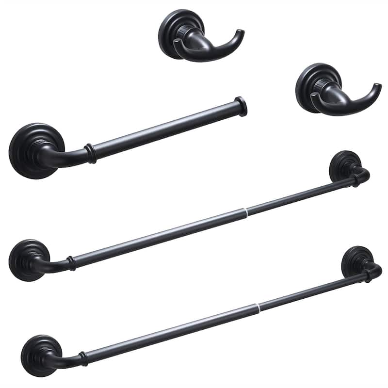 5 Piece Bathroom Hardware Set Towel Bar Toilet Paper Holder Robe Hooks Stainless Steel Wall Mounted Adjustable Accessory Set - Matte Black