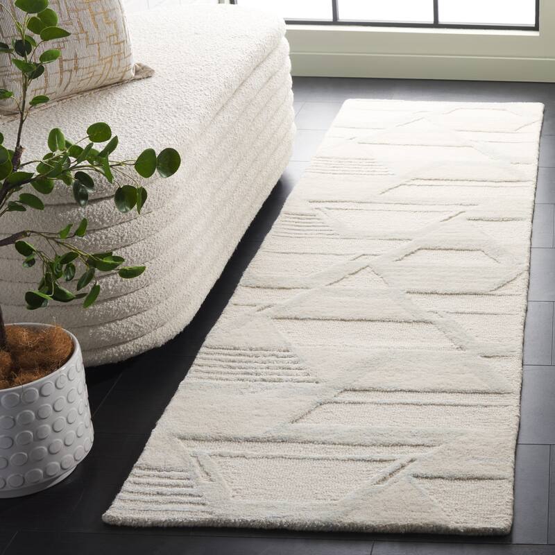 SAFAVIEH Handmade Mykonos Aivo Modern & Contemporary Wool Rug - 2'3" x 8' Runner - Ivory/Blue