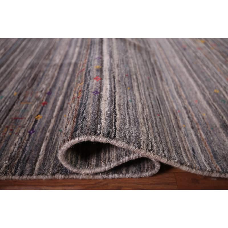Striped Tribal Gabbeh Indian Square Area Rug Hand-Knotted Wool Carpet - 7'7"x 8'0"