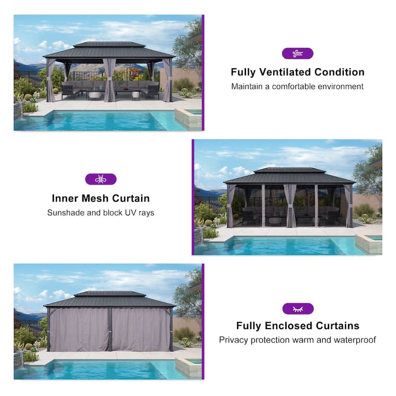 PURPLE LEAF Gazebo Outdoor Gazebo with Dual-Layer Galvanized Steel Double Roof Aluminum Gazebo with Netting and Curtains Grey