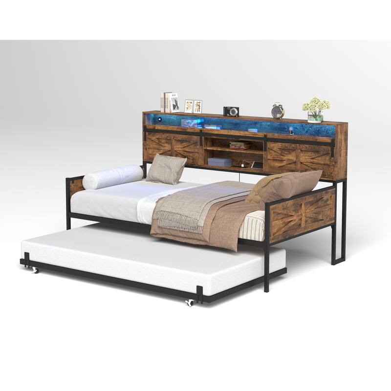 Twin Daybed with Trundle, Farmhouse Daybed Frame with Sliding Barn Door Headboard and Charging Station & LED Light
