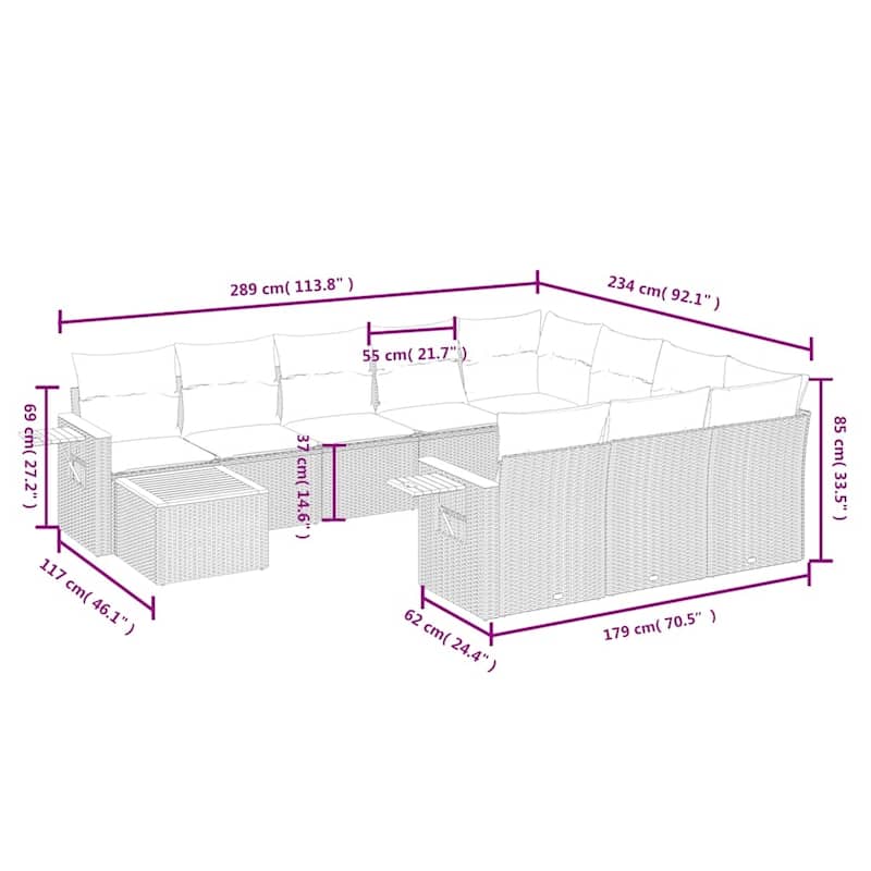 vidaXL 11 Piece Patio Sofa Set with Cushions Grey Poly Rattan - 113.8x33.5x92.1