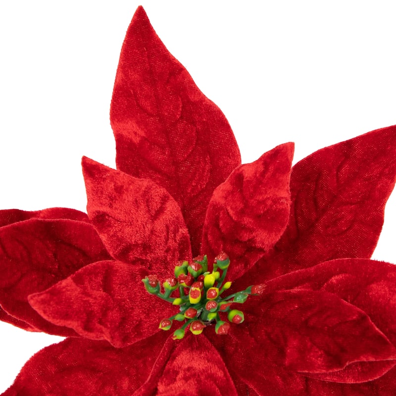 18" Glittered Red Velvet Christmas Poinsettia Stem Spray
