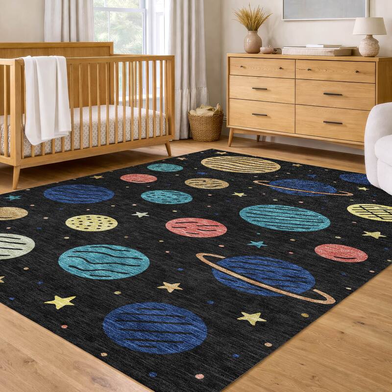 Machine Washable Indoor/ Outdoor Modern Planets Chantille Rug
