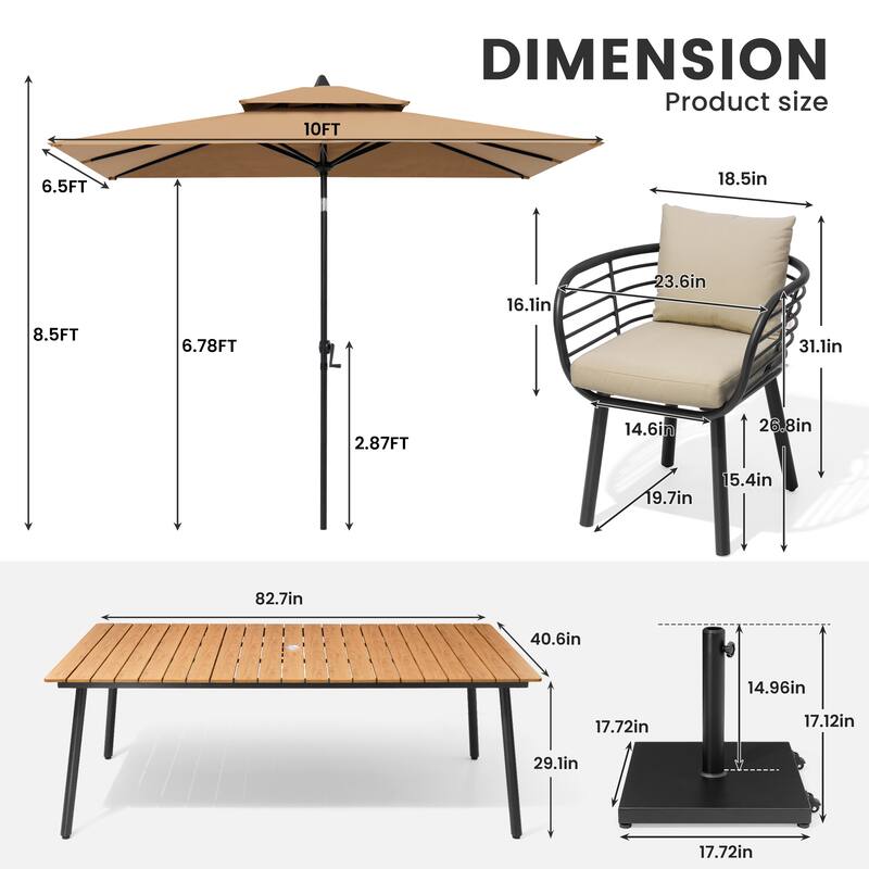 11-Piece Outdoor Patio Dining Set with Sunbrella Cushion Aluminum Dining Table and Chairs w/10 ft Umbrella and Base with Wheels