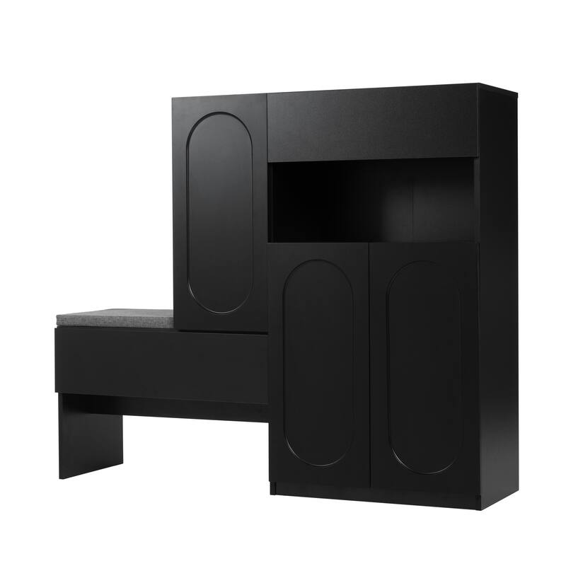 Elegant 2-in-1 Shoe Cabinet with Soft Cushion, Modern Storage Bench with Arched Doors, Black - 51.1" W × 13.7" D × 43.4" H