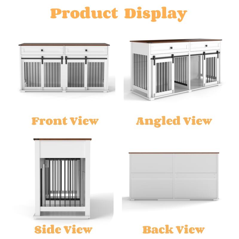 Large Dog Crate Furniture for 2 Dogs, Wooden Dog Kennel with 2 Drawers, Divider & Sliding Door, Indoor Dog Crate End Table