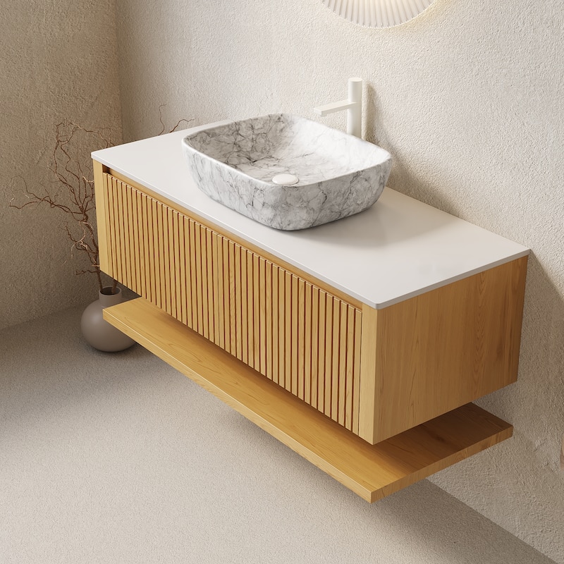 GDFStudio - Hizon Modern 48" Floating Bathroom Vanity with Ceramic Basin, Corolla Oak Finish & Open Shelf, WITHOUT Faucet