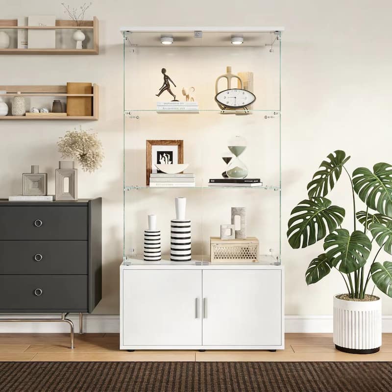 Double-door four-layer cabinet-style storage cabinet,display cabinet,wine cabinet,with remote-controlled lights,adjustable feet