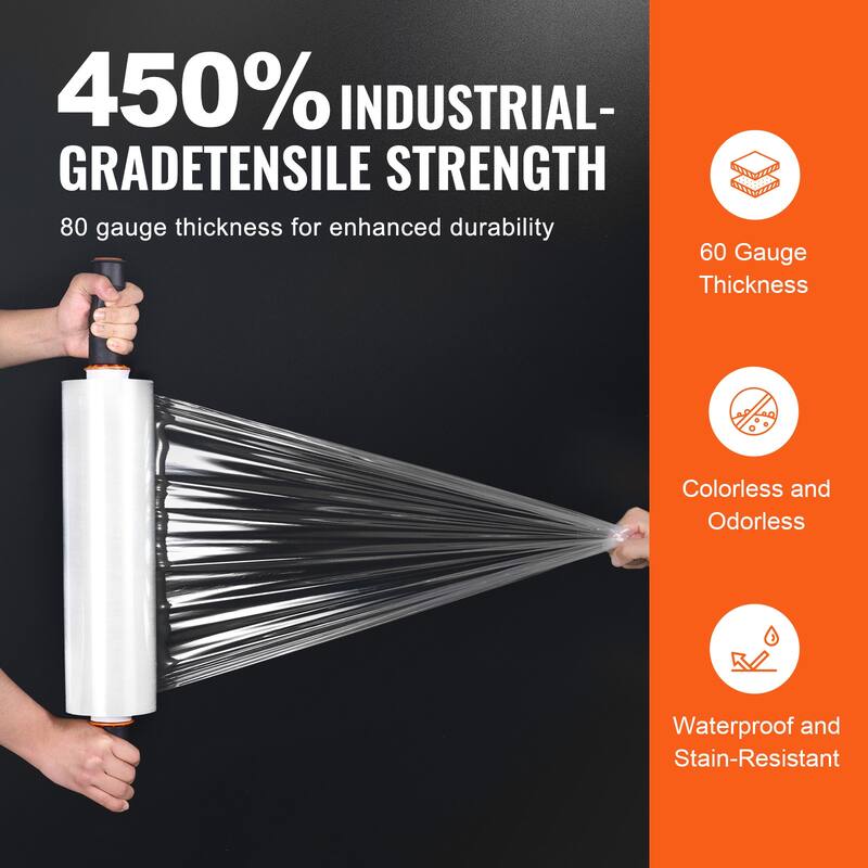 Stretch Film, 80 Gauge Industrial Strength Clear Durable Stretch Wrap Roll, Heavy Duty Shrink Film Stretch Wrap with Handles