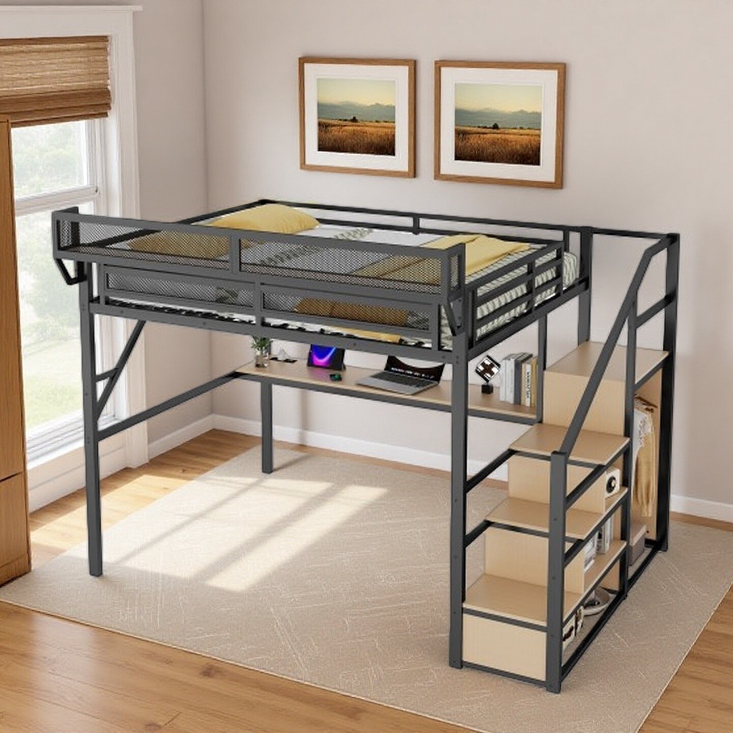 Full Size Metal Loft Bed Frame with Desk, Storage Staircase & Wardrobe, Built-In USB Charging Station and RGB LED Lighting